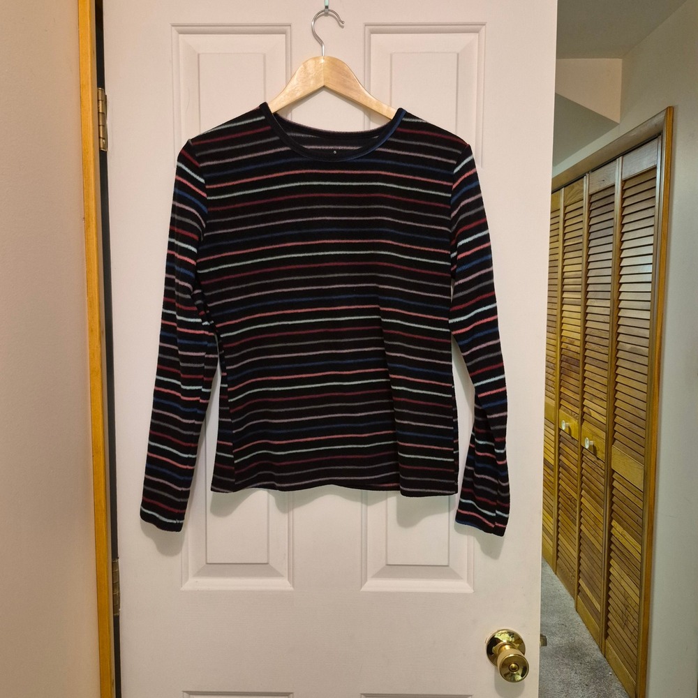 Cuddl Duds Womens L Black Striped Fleecewear Stretch Long Sleeve Crewneck Top‎